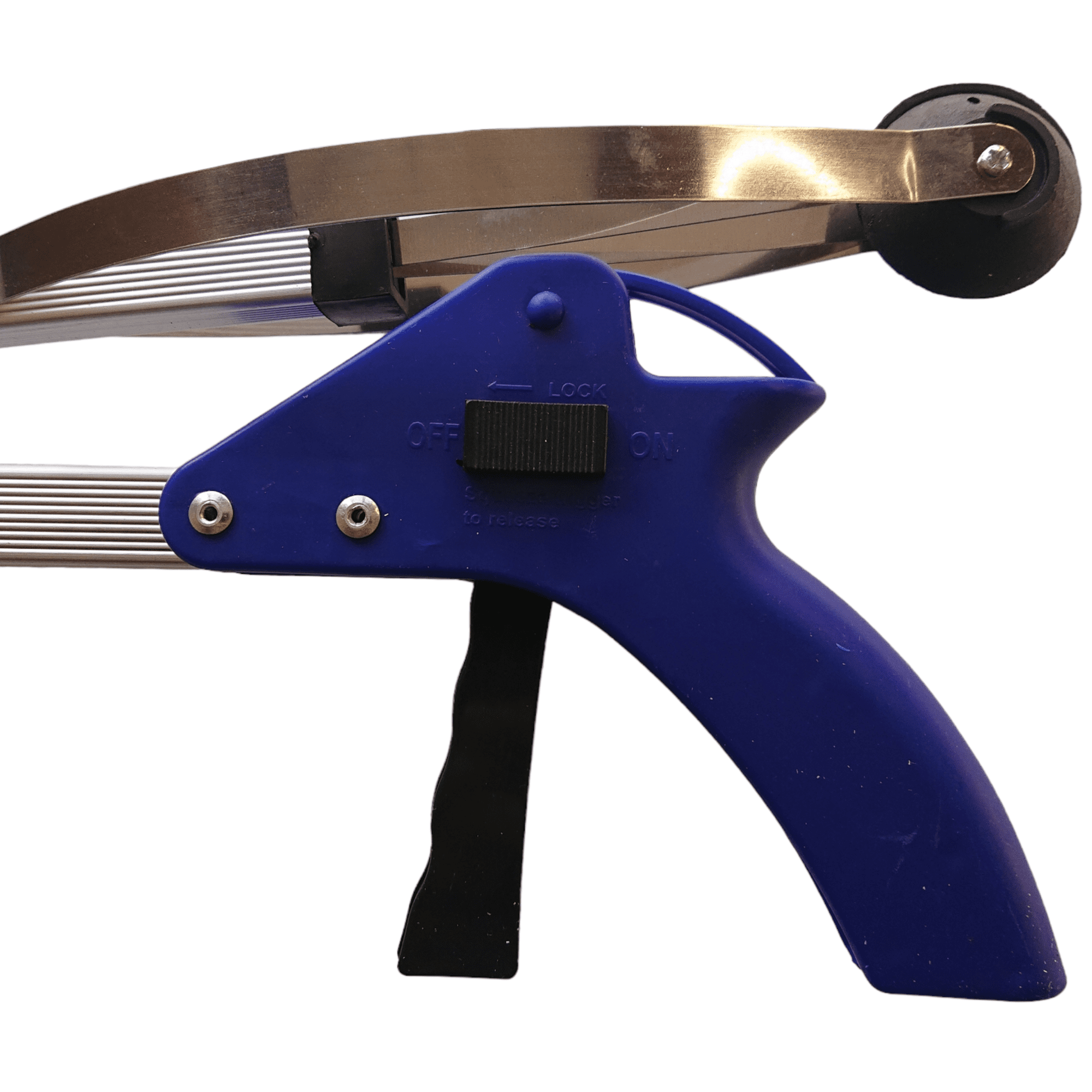 folding reacher with locking grip switch on the handles