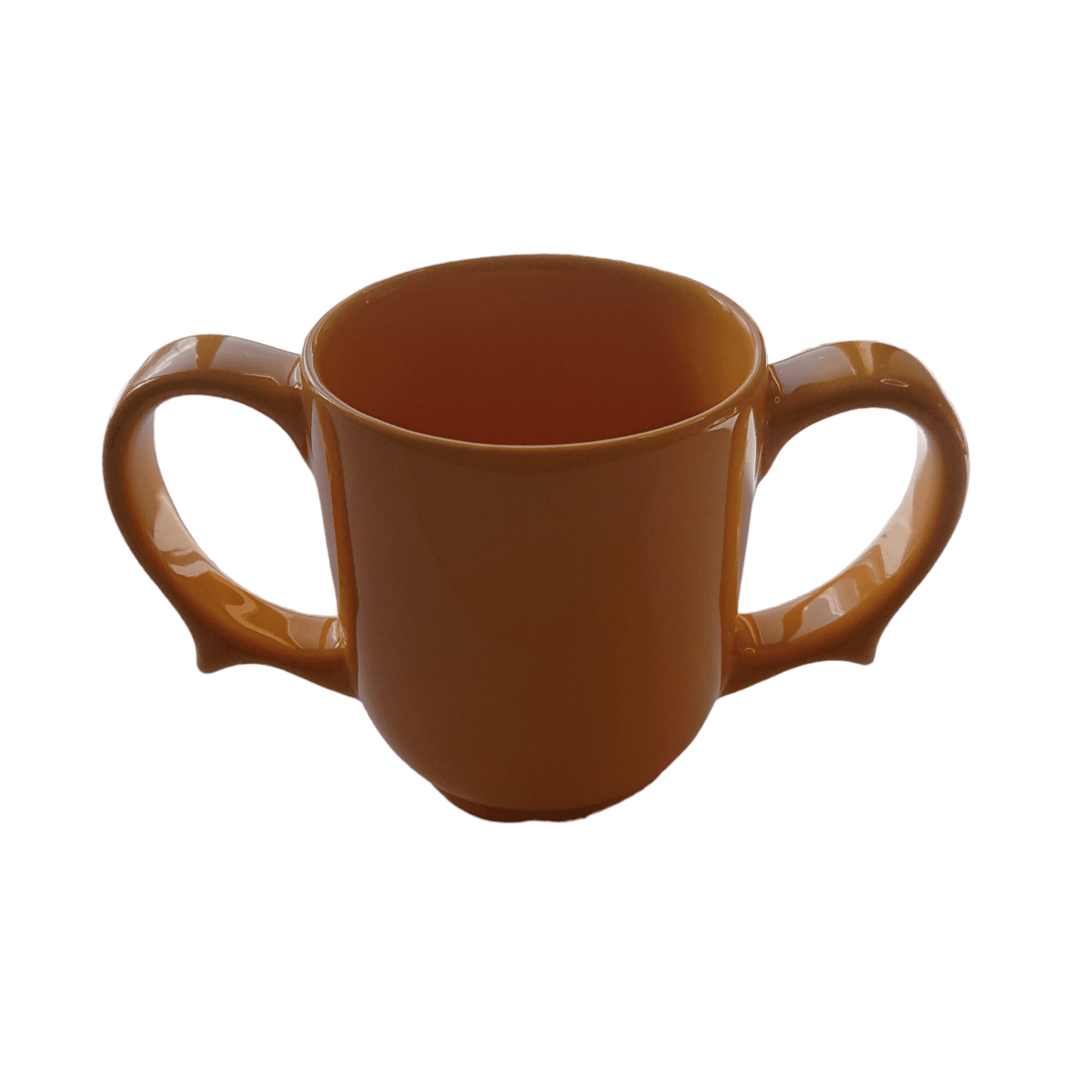 yellow two handled mug. Yellow can make it easier to see the drink