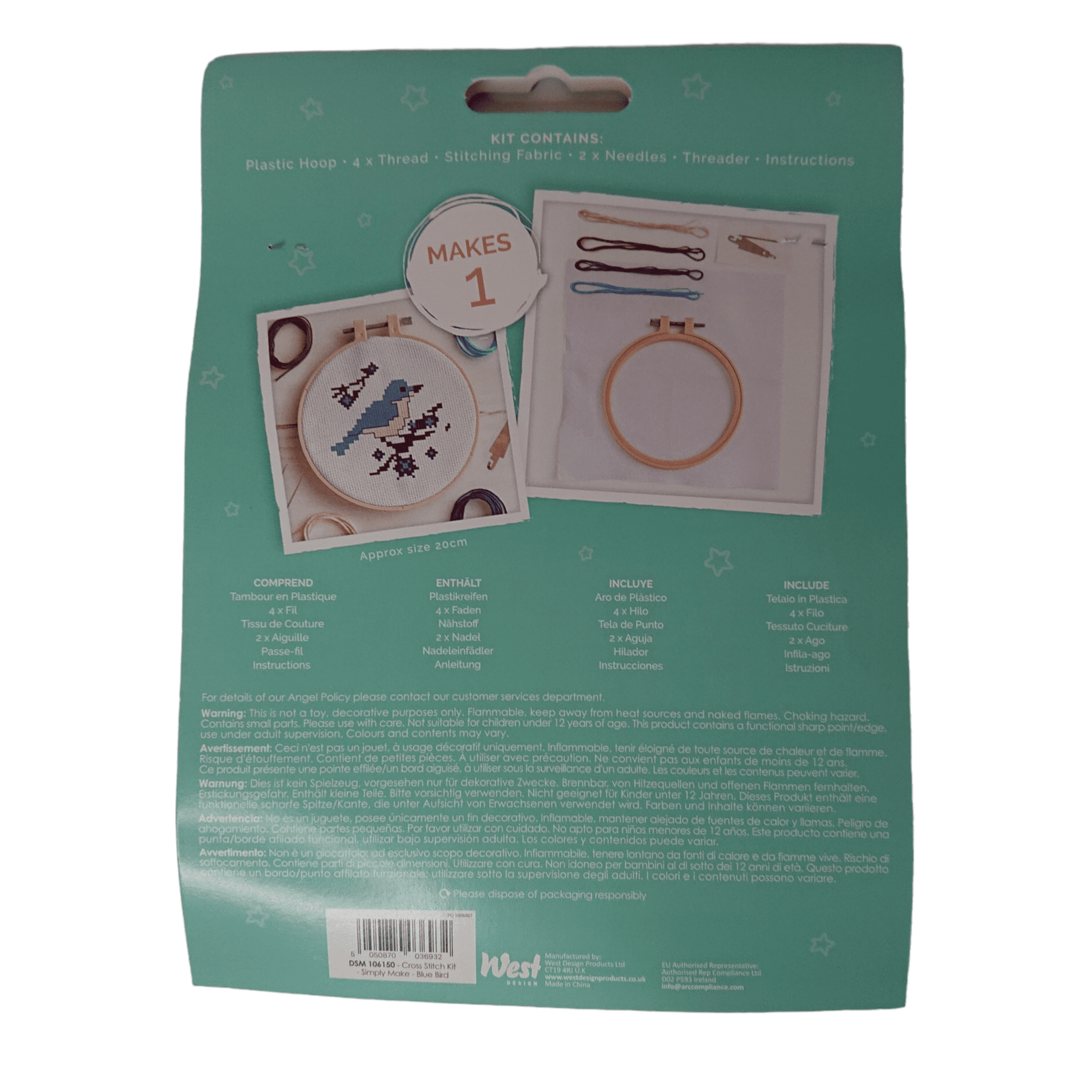 blue bird simple cross stitch kit with hoop, thread, needles, instructions, threader and fabric