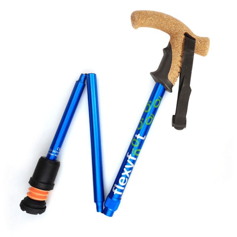 Blue folding walking stick from flexyfoot with cork handle