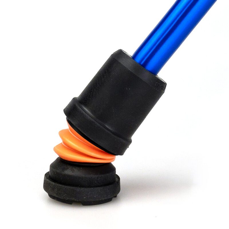 Ferrule at the bottom of the blue flexyfoot walking stick showing the stick can be put at an angle but the tread stys flat to the ground