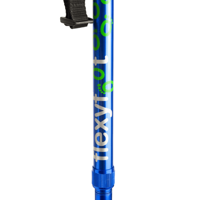 Blue walking stick from flexyfoot showing the body of the stick with the flexyfoot logos
