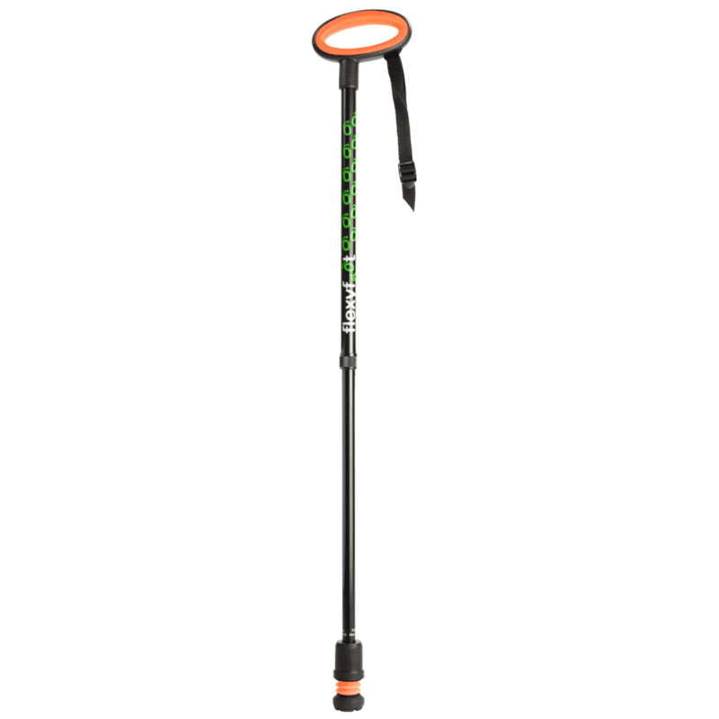 Telescopic flexyfoot black walking stick with oval handle, fully extended