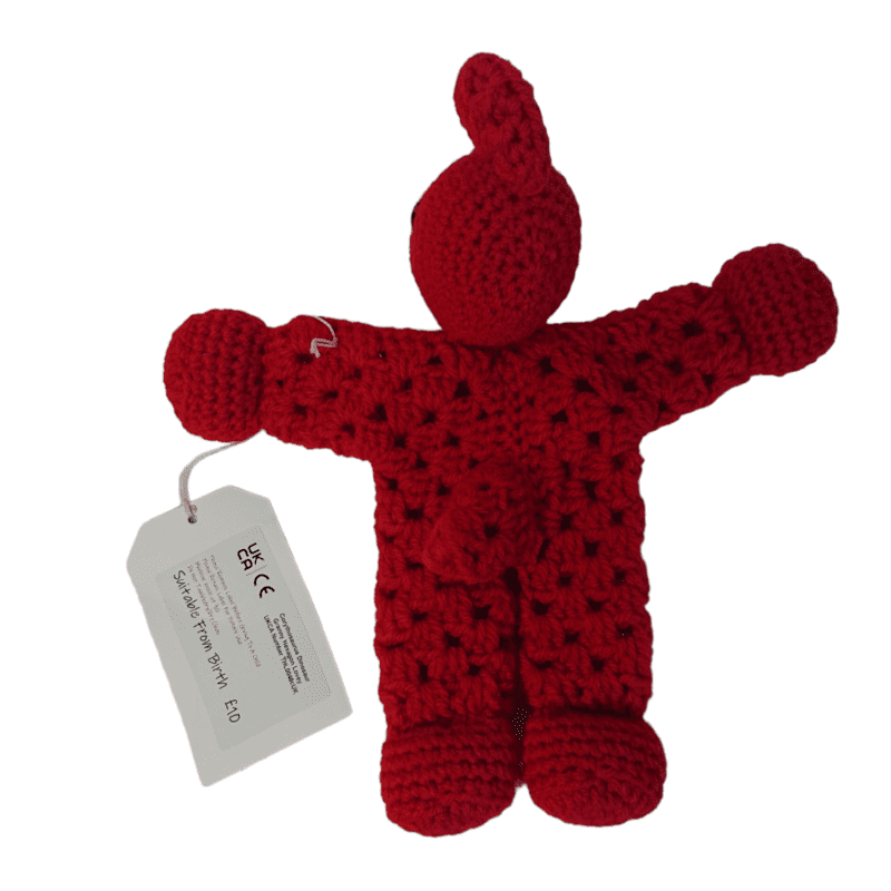 Back of red cuddly dementia or anxiety calming aid. Handmade, but tested to toy standards.