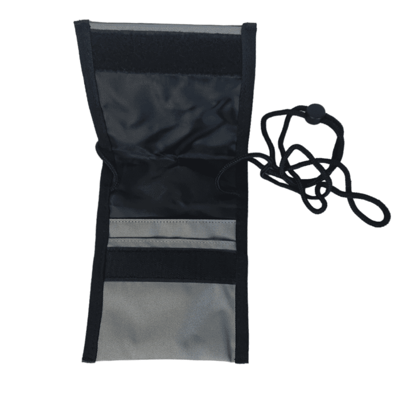 grey bag or pouch showing inside - the front flap is held down by velcro