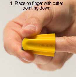 First of 3 diagrams showing how to use the Nimble cutter, showing how to put it on your finger