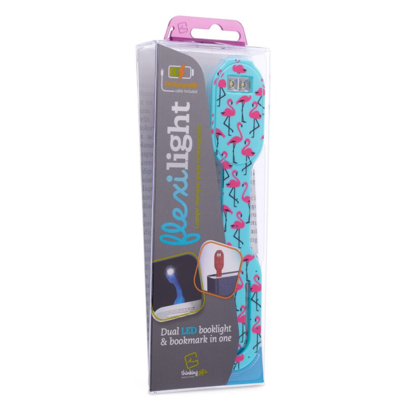 Rechargeable reading light designed to fit onto your book as you read. Pink flamingos on blue background. In its box