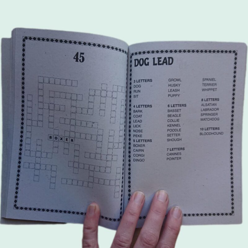 Large print or large letters crisscross book example page. A5 size book. The grid is on one side with the word list on the other. Crisscross is a word fit puzzle