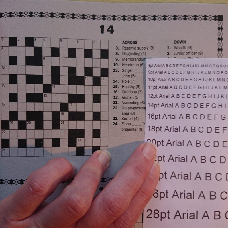 Comparing the size of the text in the crossword puzzle to point size
